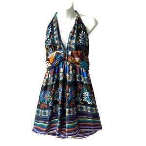 Arden B Vintage Silk Babydoll Halter Dress Size L Blue Boho Cottagecore Coquette